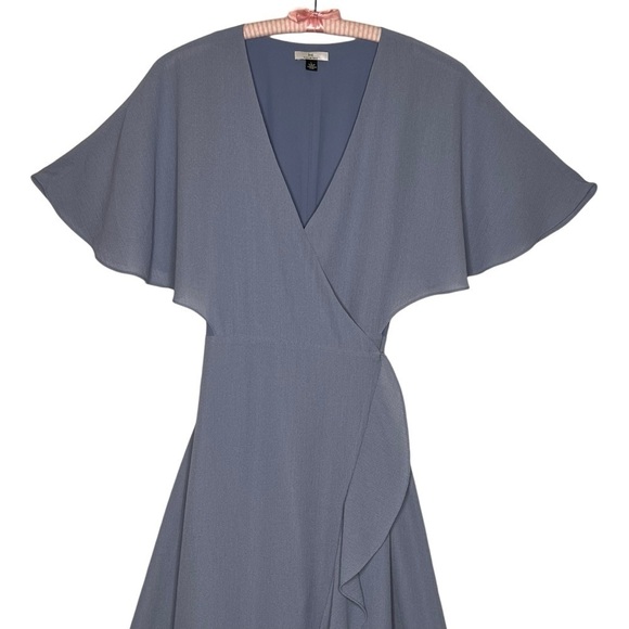 Halston Dusty Blue V Neck Ruffle Split Maxi Wrap Dress Gown Size L Short Sleeve - Picture 9 of 13